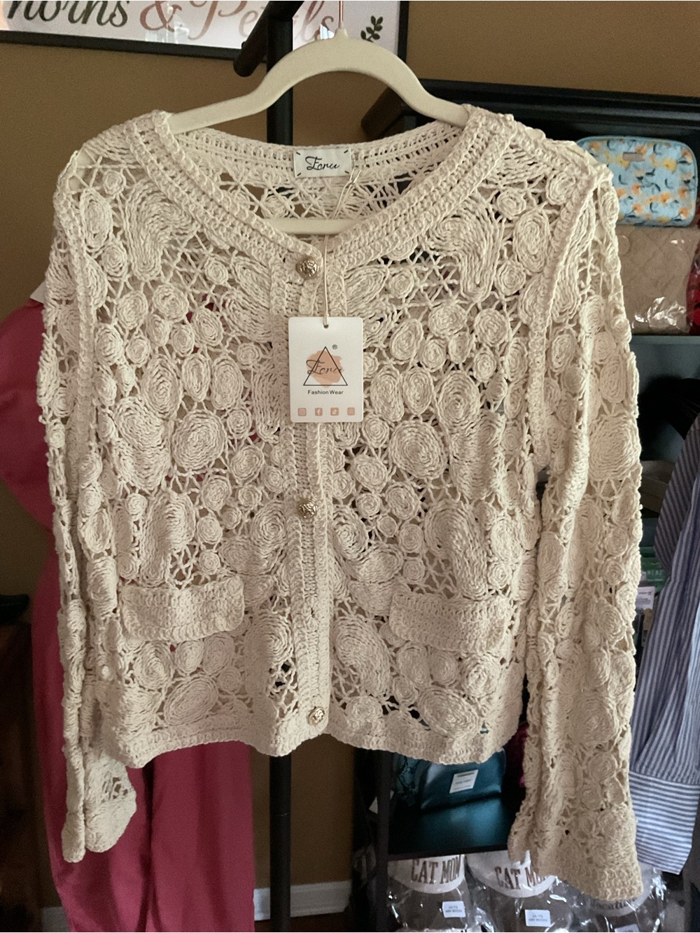 Cream Crochet Button-Front Women's Sweater Imported From Italy